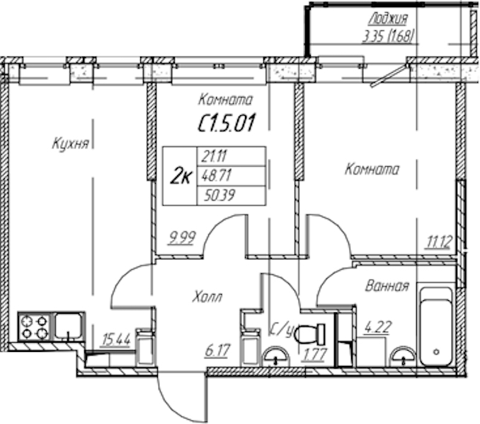 2-комнатная квартира 50.39 м², 5/22 эт., ЖК «Парк-квартал Юнтолово»